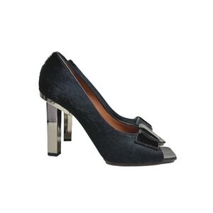 Lanvin Black Pony Hair Bow Peep Toe‎ Pumps Mirrored Block Heel Size 40 US 9